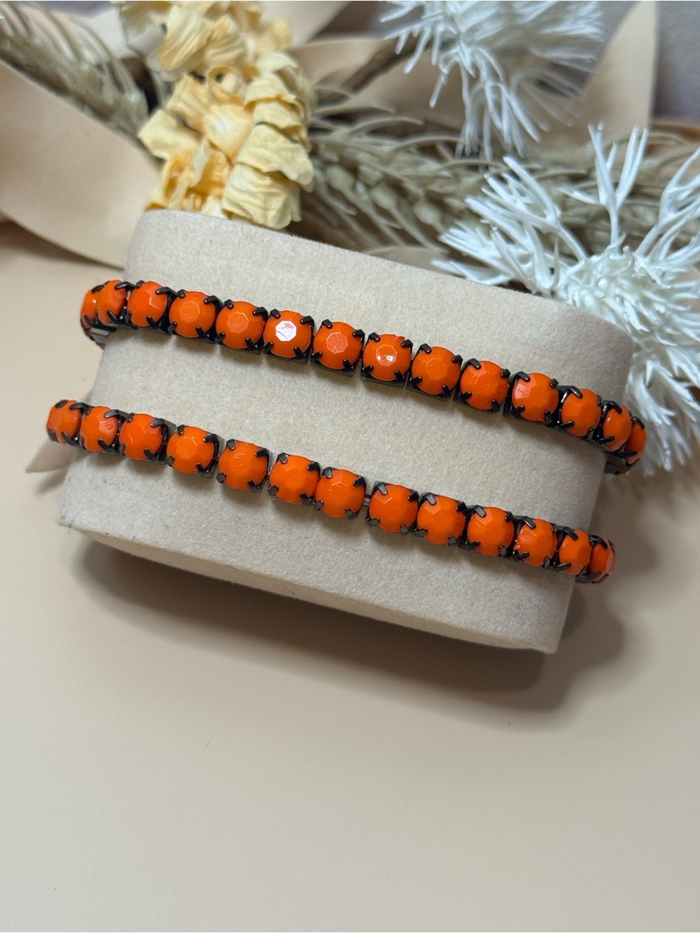 Vintage Set of 2 Orange Rhinestone Black Tone Stretch Tennis Bracelets